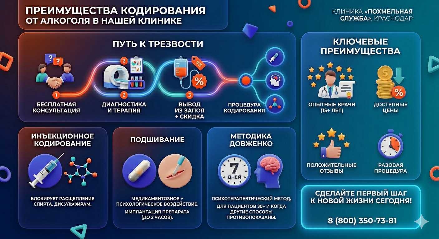 Инфографика о методах кодирования от алкоголя в Старотитаровской: инъекции, подшивание, метод Довженко. Преимущества клиники и этапы лечения.