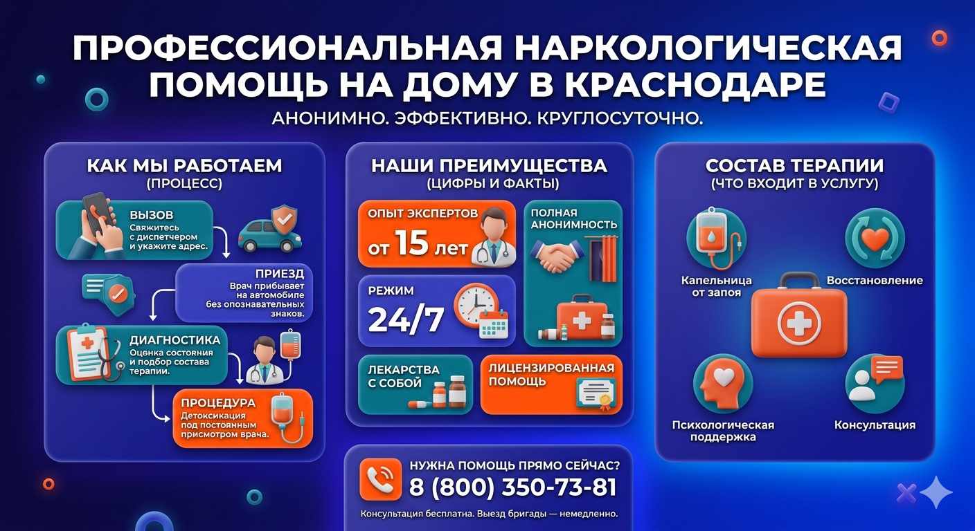 Инфографика о принципах лечения алкоголизма на дому в Старотитаровской: этапы вызова нарколога, преимущества анонимной детоксикации и состав медицинской помощи.